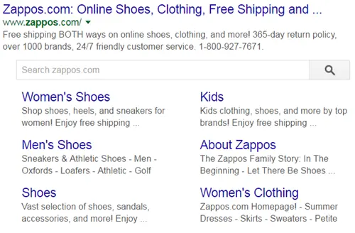 Zappos.com in search results screenshot.