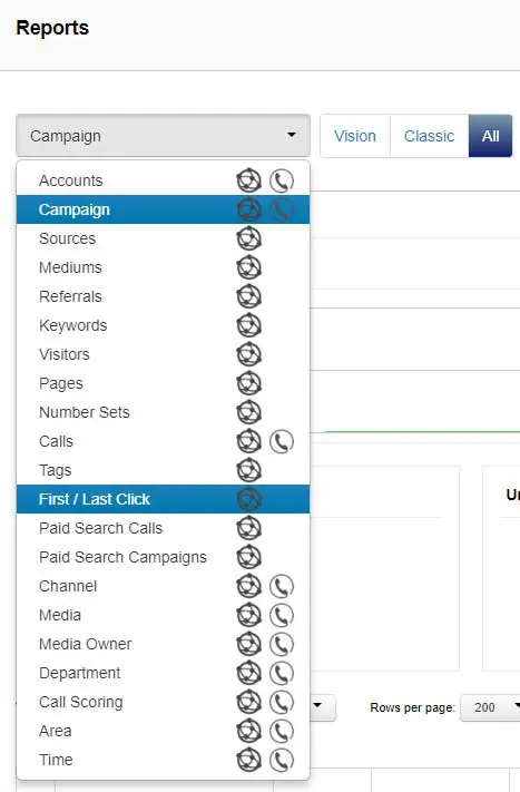 Screenshot of report dropdown list.