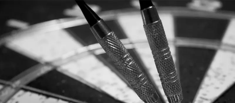Black and white picture of two darts in a dartboard.