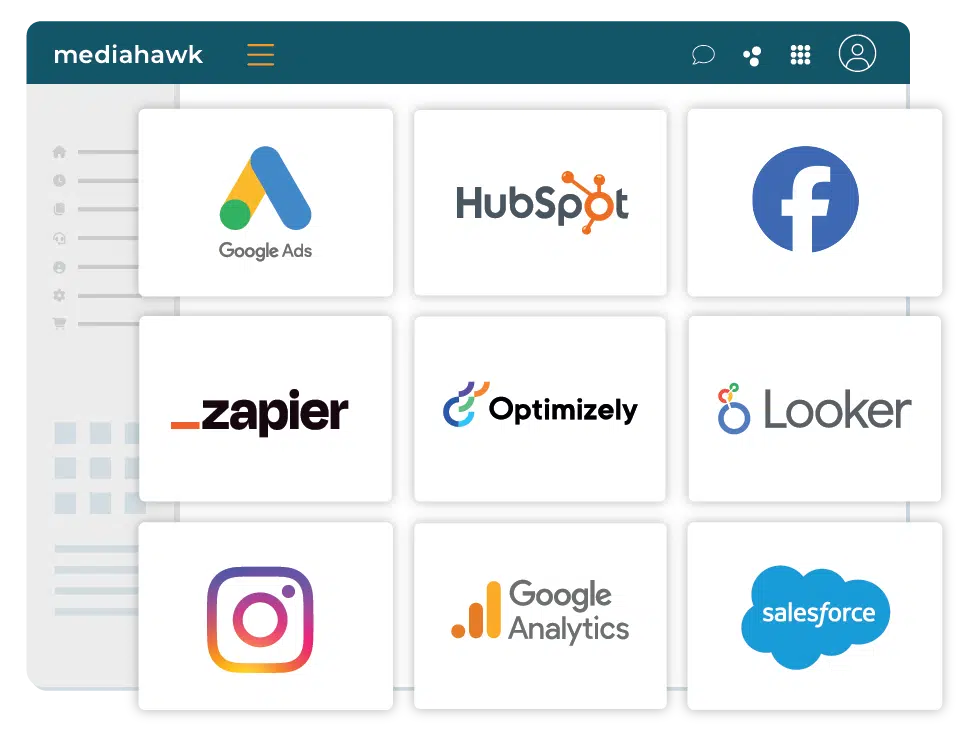 Graphic showing some of the marketing software platforms Mediahawk integrates with.