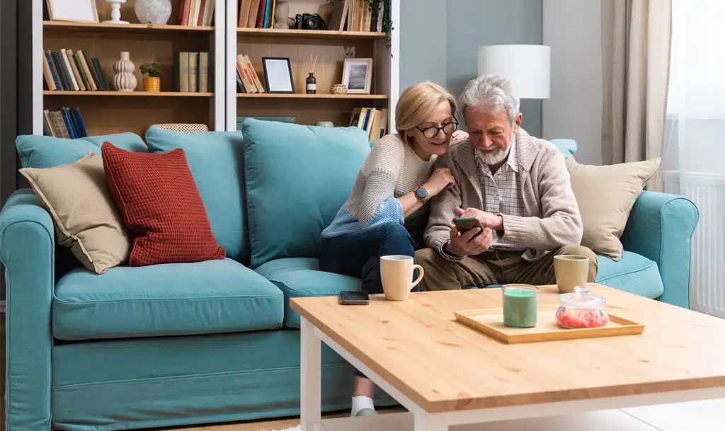 Senior couple sitting on a sofa looking at a mobile phone.