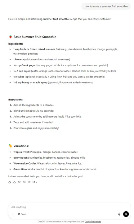 Image from a ChatGPT result providing instructions of how to make a summer fruit smoothie.