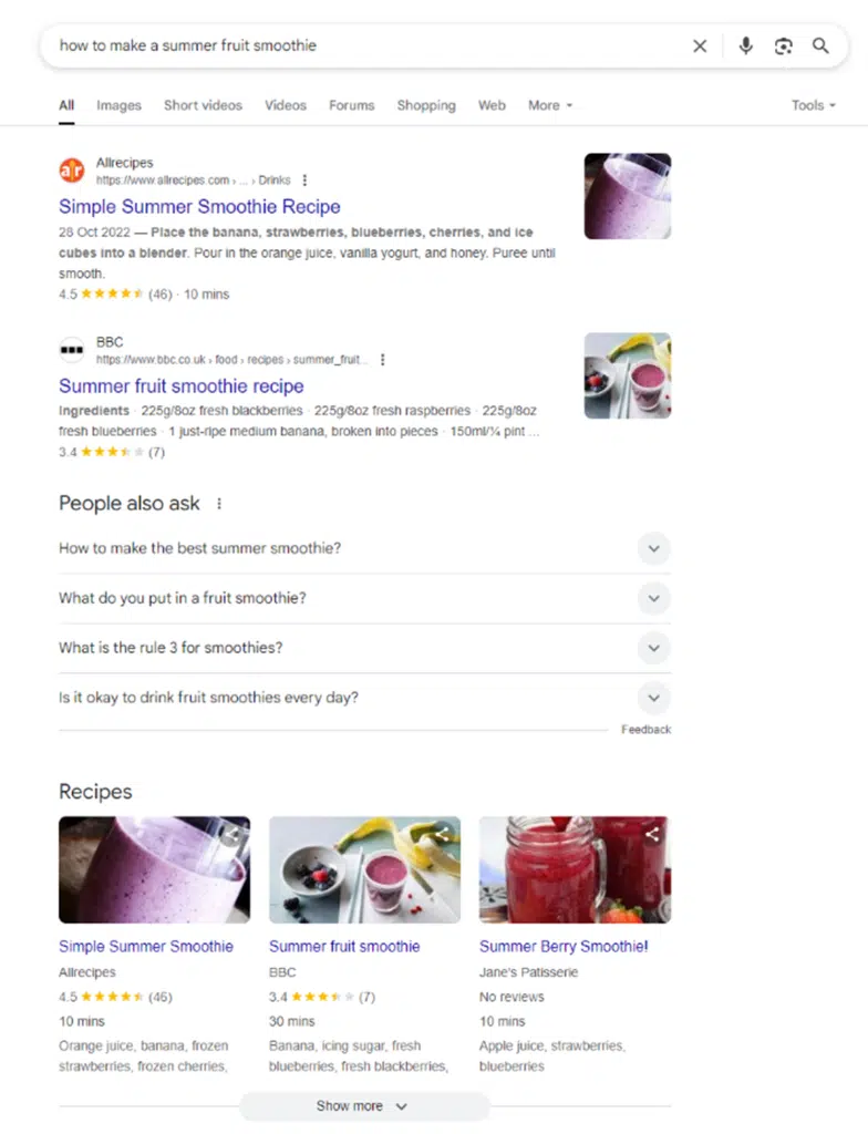 Search engine results page showing a list of results relevant to 'how to make a summer fruit smoothie'.