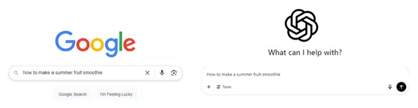 Image shows a query in a search engine alongside a prompt in ChatGPT.