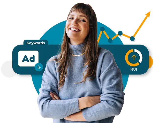 Lady with her arms crossed with some graphical representations of marketing performance.