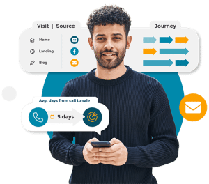 Image of a man with some graphical representations of marketing performance.