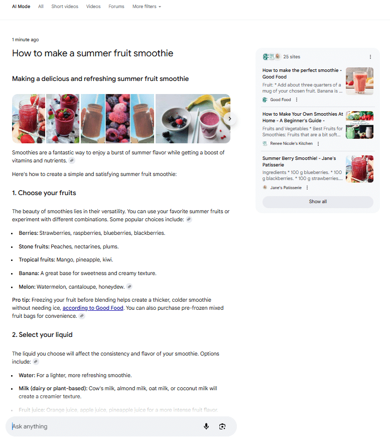 AI mode results page showing 'how to make a summer fruit smoothie'.