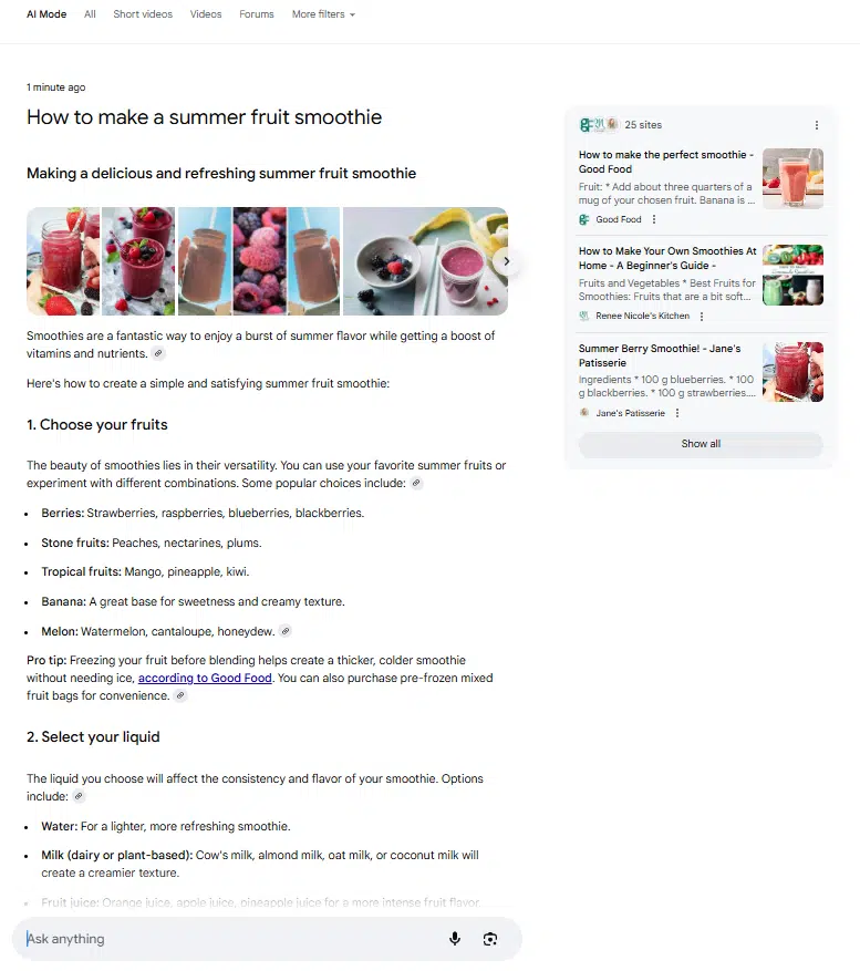 AI mode results page showing 'how to make a summer fruit smoothie'.