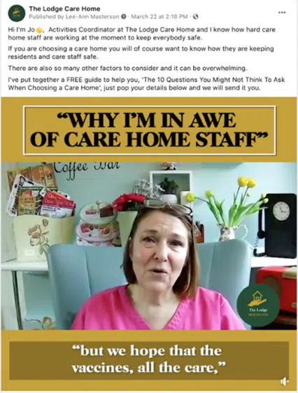Screenshot of a care home's Facebook post.