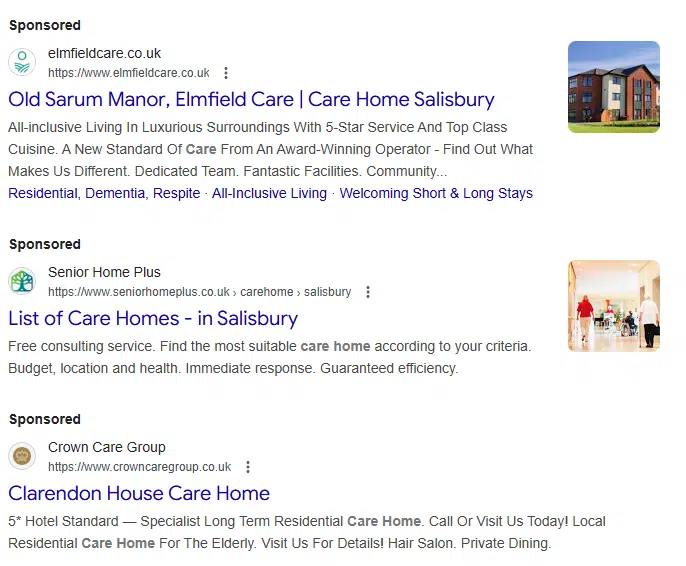 Screenshot of three care home PPC ads.